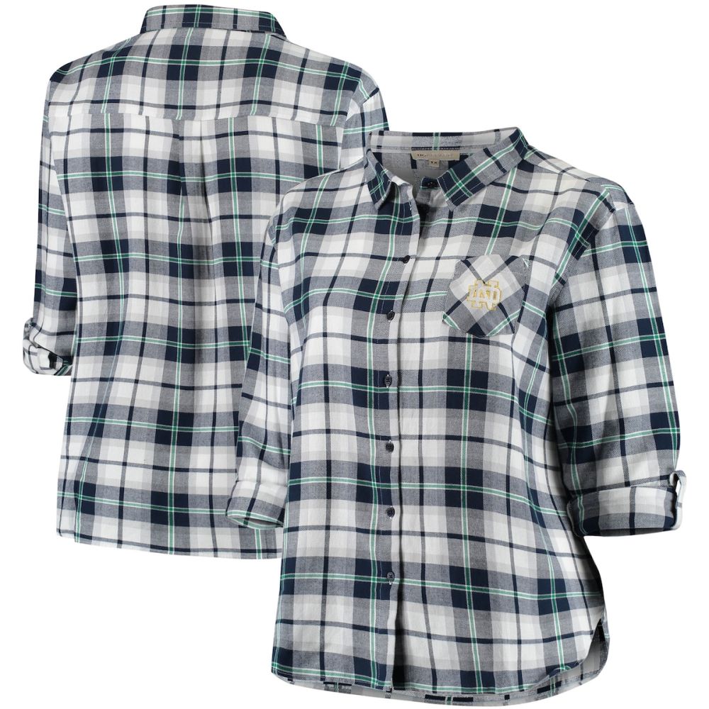 Women's Navy Notre Dame Fighting Irish Plus Size Missy Boyfriend Logo Plaid  Flannel Button-Up Long Sleeve Shirt