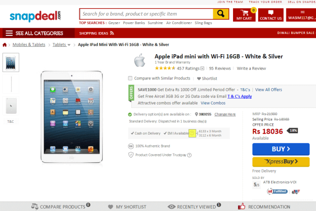Snapdeal EMI with iPad Mini