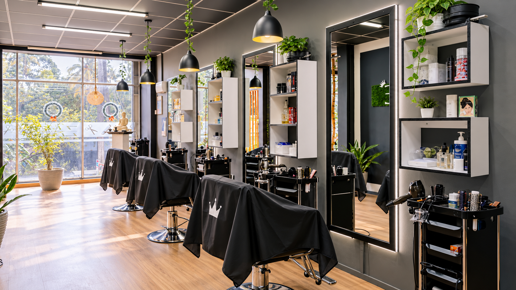 Salon modern interior and styling stations