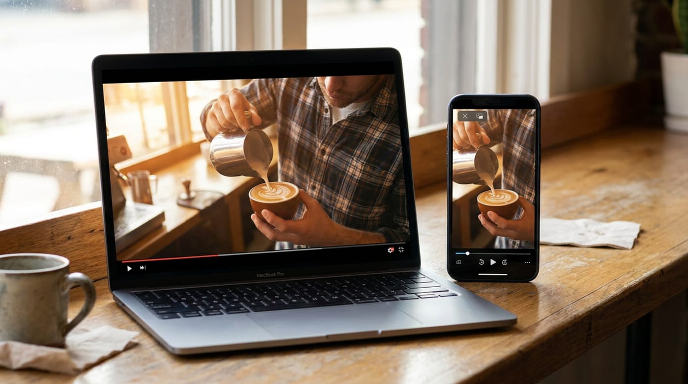 A laptop showing a landscape video of a barista pouring coffee next to a phone showing the same footage properly reframed as a vertical video