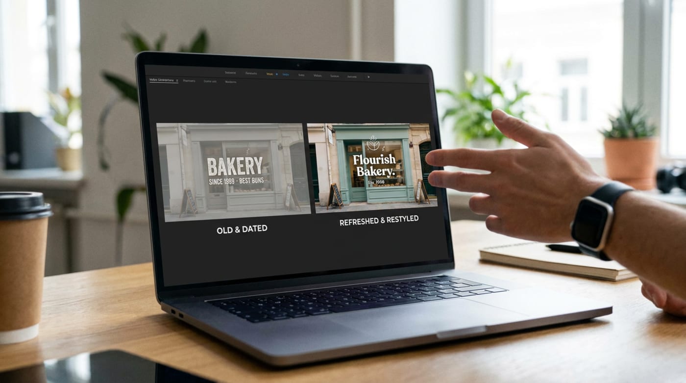 A laptop screen showing two versions of the same bakery video side by side — an old, faded, dated-looking version and a refreshed version with vibrant colour and modern captions