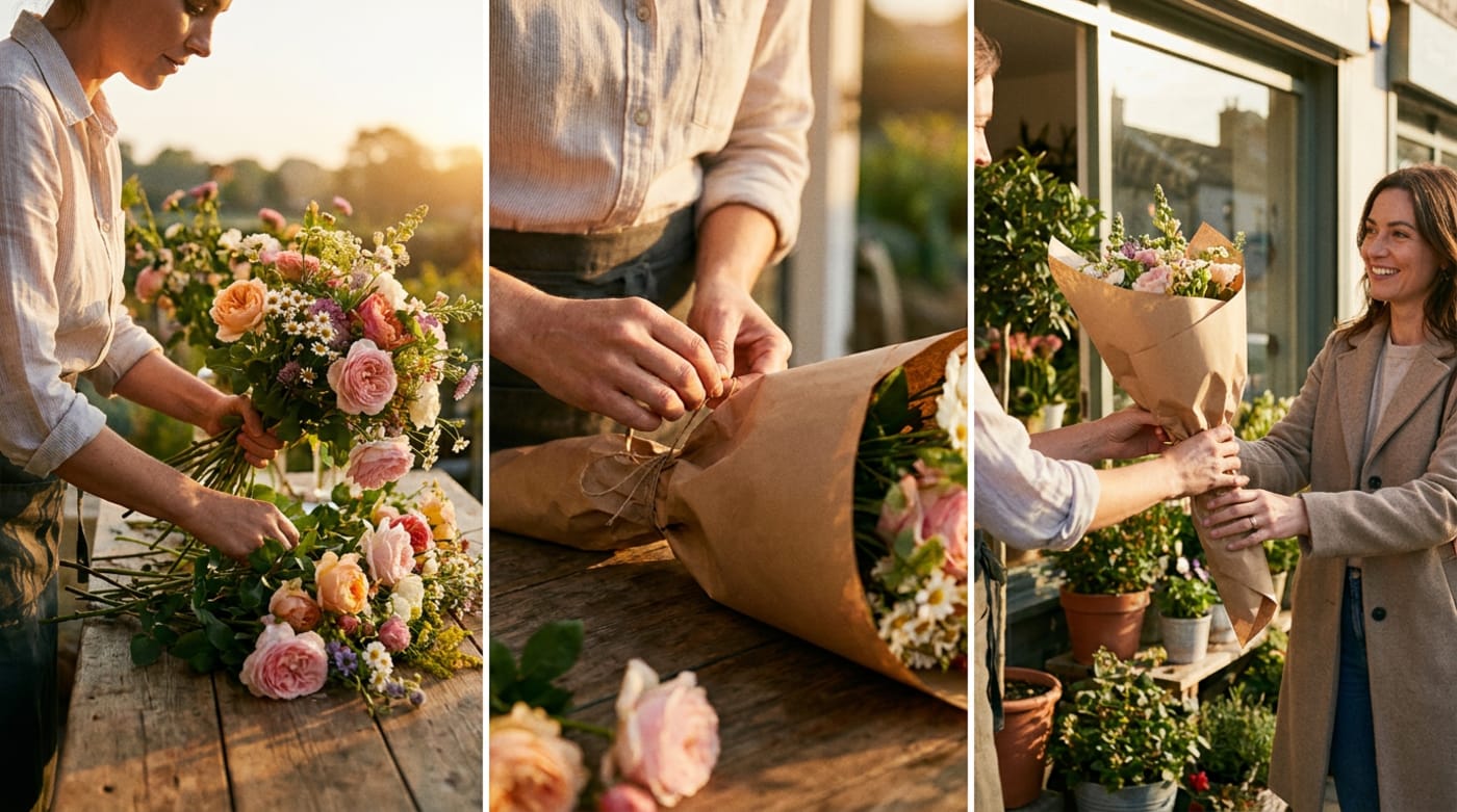 Three connected scenes of a florist's morning — arranging flowers, wrapping a bouquet, and a happy customer receiving it — shown as a storyboard sequence