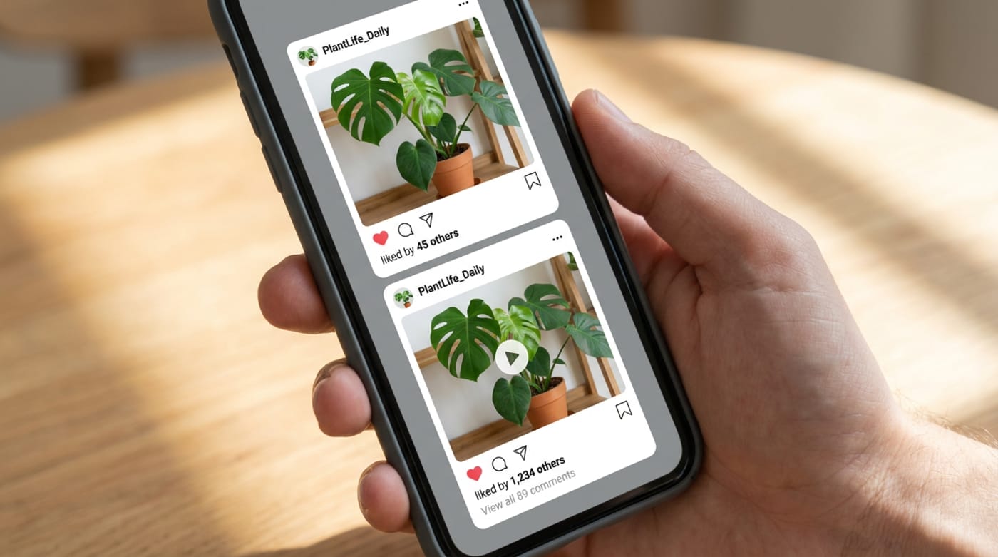 Two stacked Instagram post previews of the same plant — a static photo with a modest like count, and a video version with a noticeably higher like and comment count