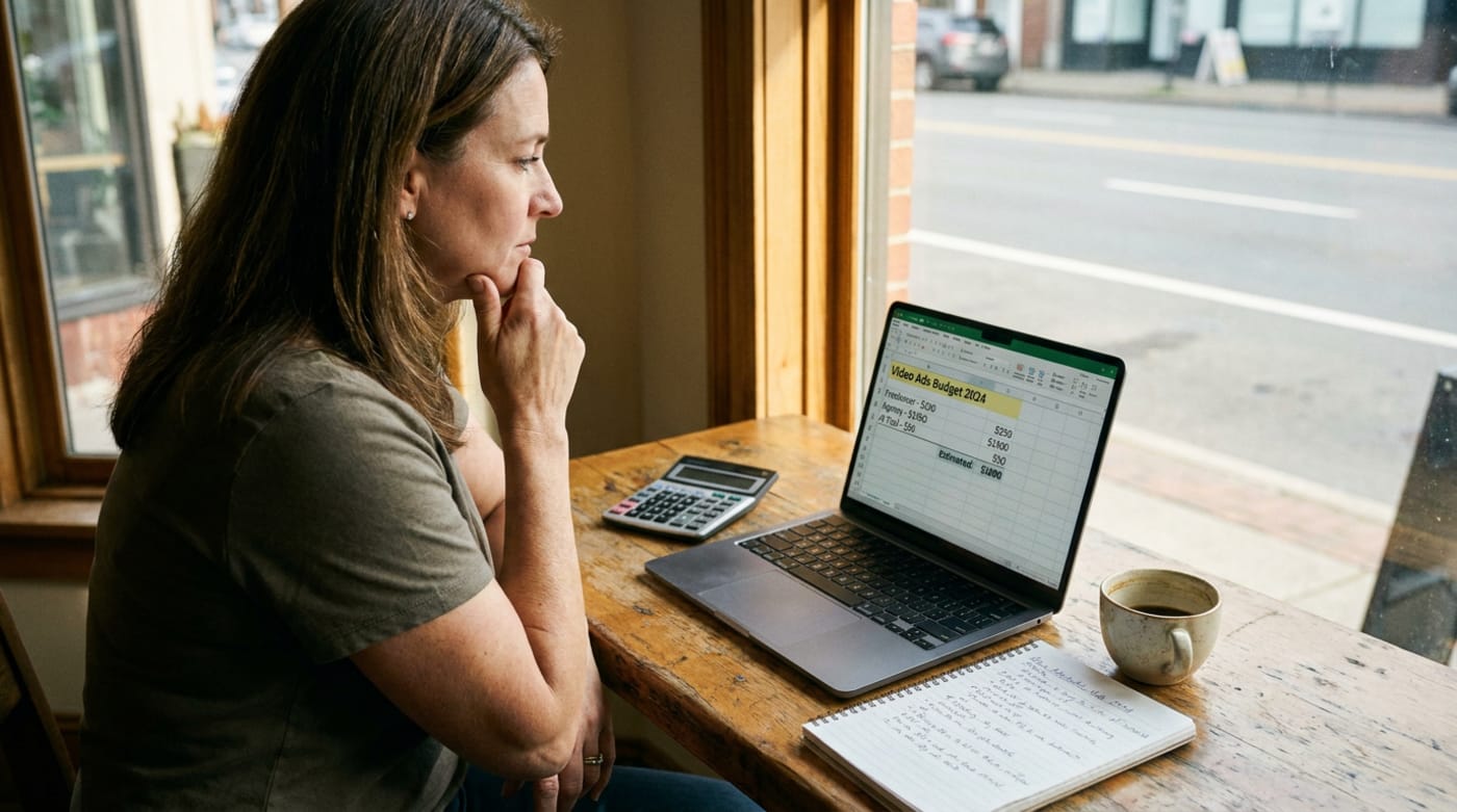 A small business owner reviewing a budget spreadsheet on a laptop comparing freelancer, agency and AI tool costs for video ads