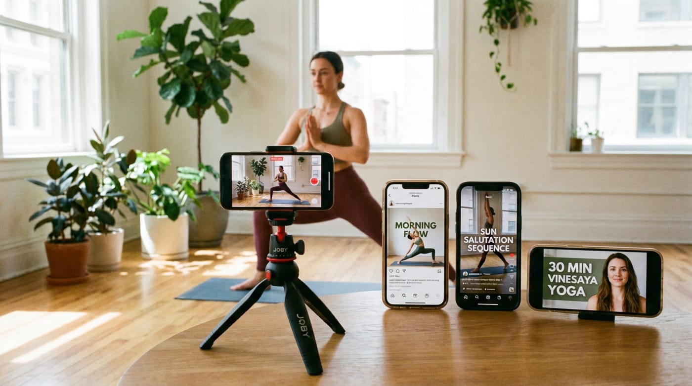 A yoga instructor being filmed on a tripod, with three phone screens nearby each showing a different edited clip from the same session