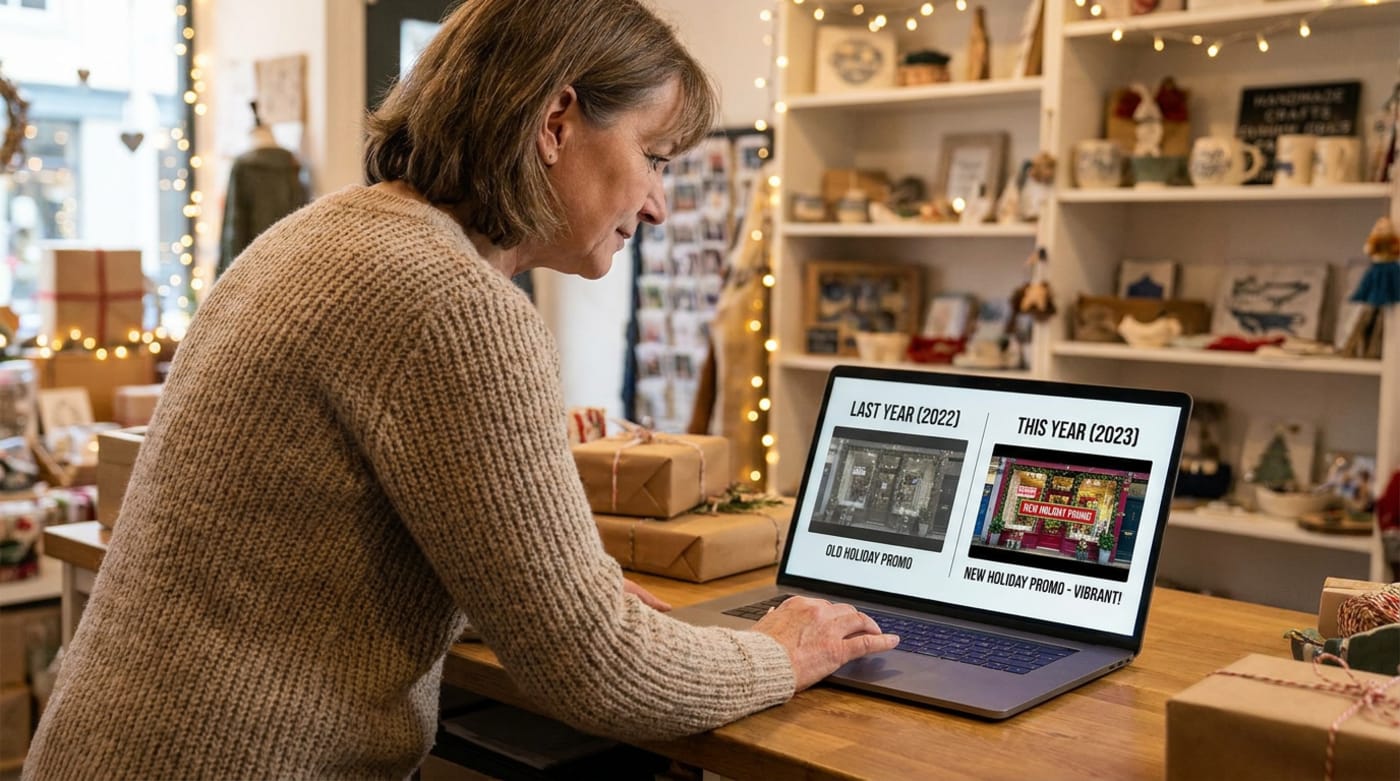A gift shop owner comparing last year's old holiday video thumbnail with a refreshed vibrant version on a laptop next to a calendar