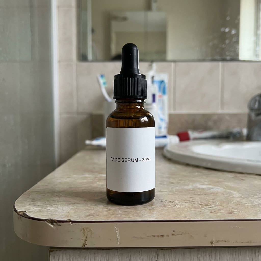 A plain phone photo of a serum bottle before AI Studio