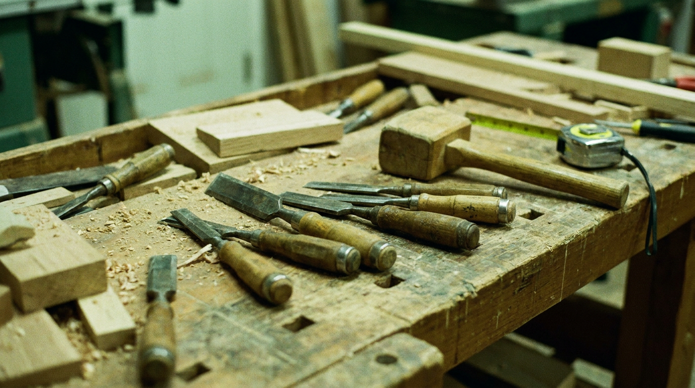 A dull, cluttered phone photo of a wooden workbench with hand tools before AI Studio