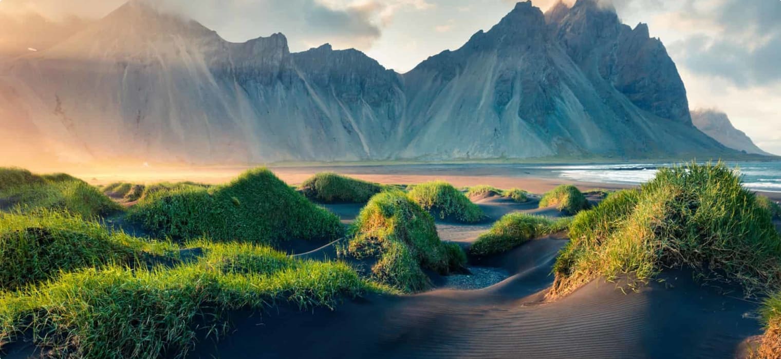 Black sand dunes on the Stokksnes headland on southeastern Icelandic coast