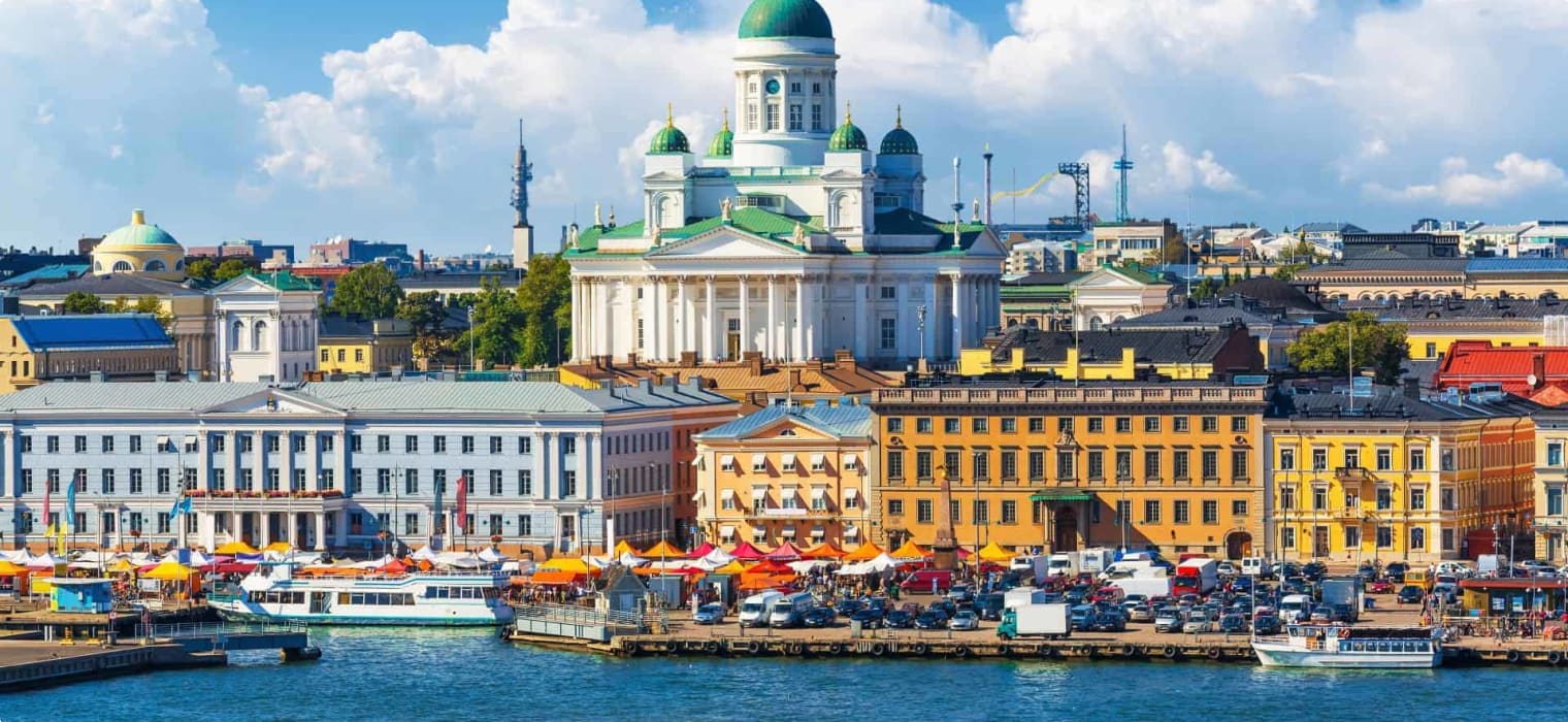 Scenic summer panorama of the Market Square (Kauppatori) at the Old Town pier in Helsinki, Finland