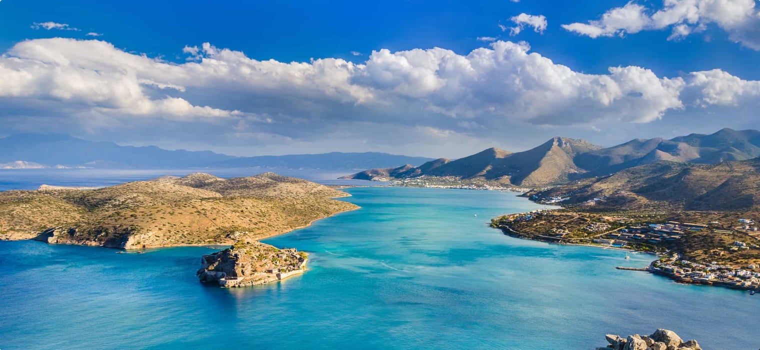 Panoramic view of Spinalonga and the gulf of Elounda