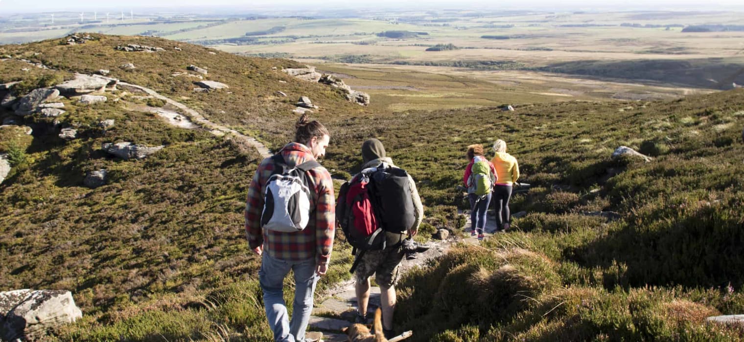 Group of people walking along a stone path in the hills. A pet dog is walking behind them.