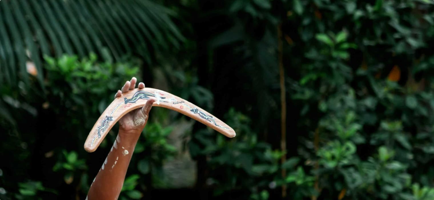 Australian Aborigine culture traditional dance with body paint and hand holding boomerang