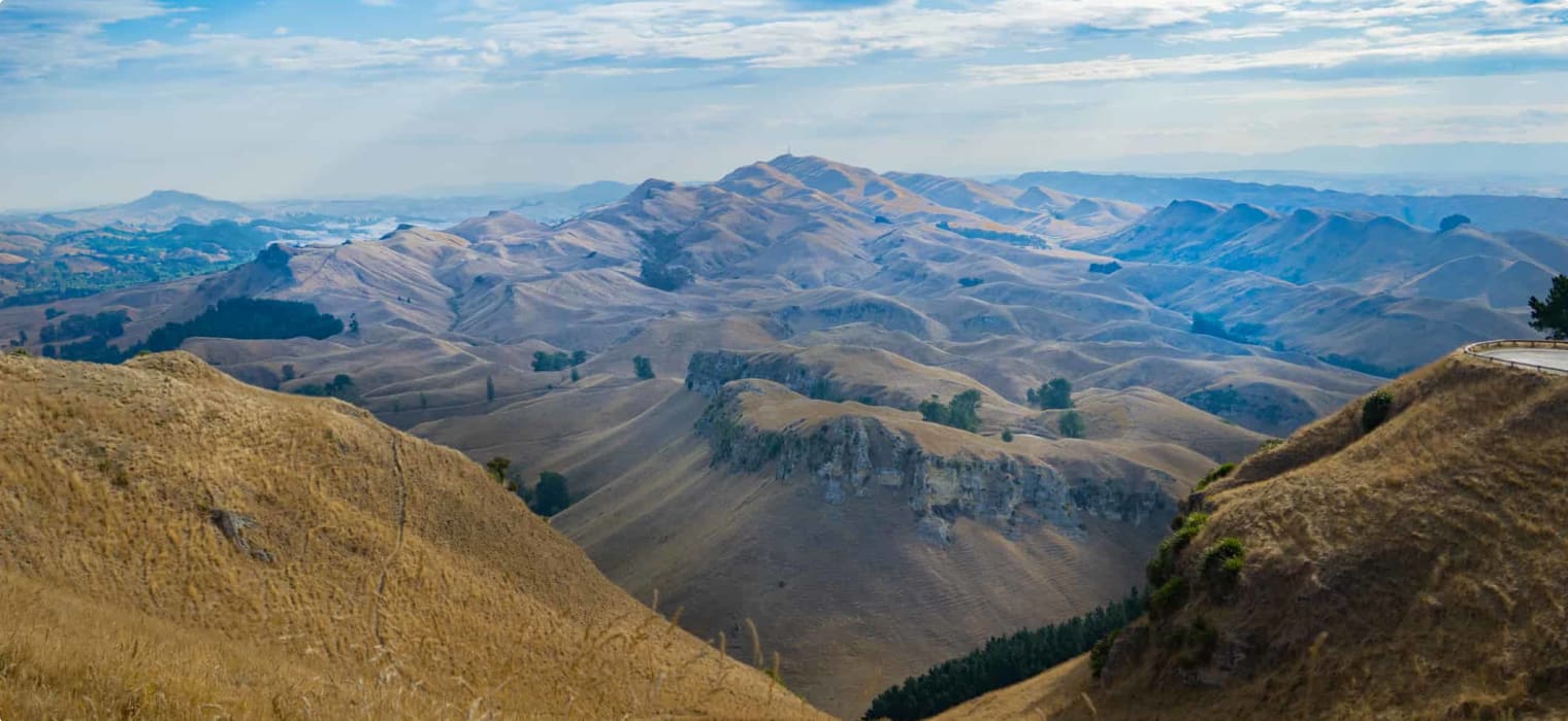 Te Mata Peak landscape view across surrounding hills and Heretaunga Plains