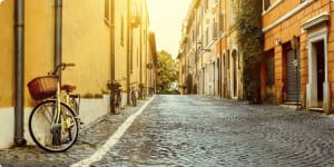 Heritage, culture, history of Italy, cobblestone street Rome