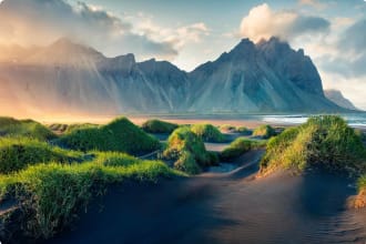 Black sand dunes on the Stokksnes headland on southeastern Icelandic coast