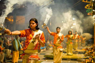 Puja ritual for praising the god of Ganga, Varanasi, India