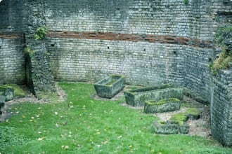 Roman wall and sarcophagi in York England