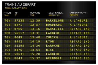 train station departure board delay, delayed. France, French Paris, gare de lyon