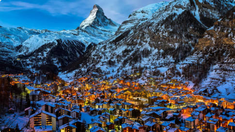 Aerial View on Zermatt Valley and Matterhorn Peak at Dawn