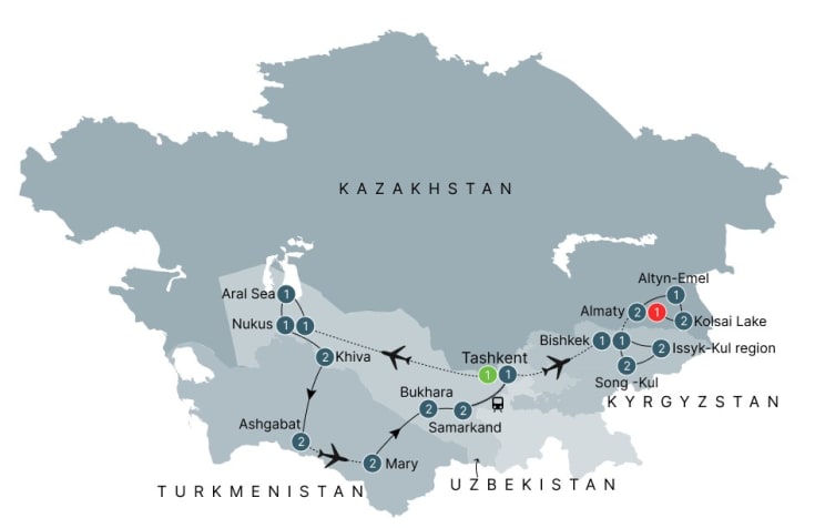 The Stans Small Group Tour: Uzbekistan, Kazakhstan, Kyrgyzstan, and Turkmenistan itinerary