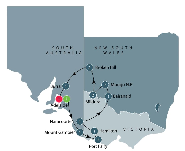 Guided small group motorcycle tour of World Heritage sites in Victoria and South Australia itinerary