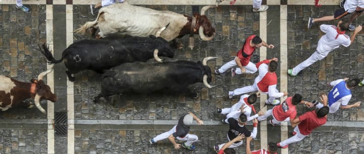 The running of the bulls in Pamplona, Spain