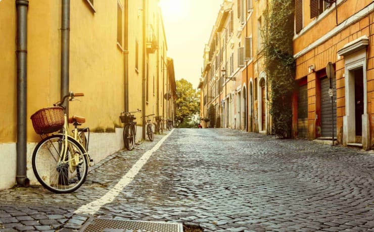 Heritage, culture, history of Italy, cobblestone street Rome