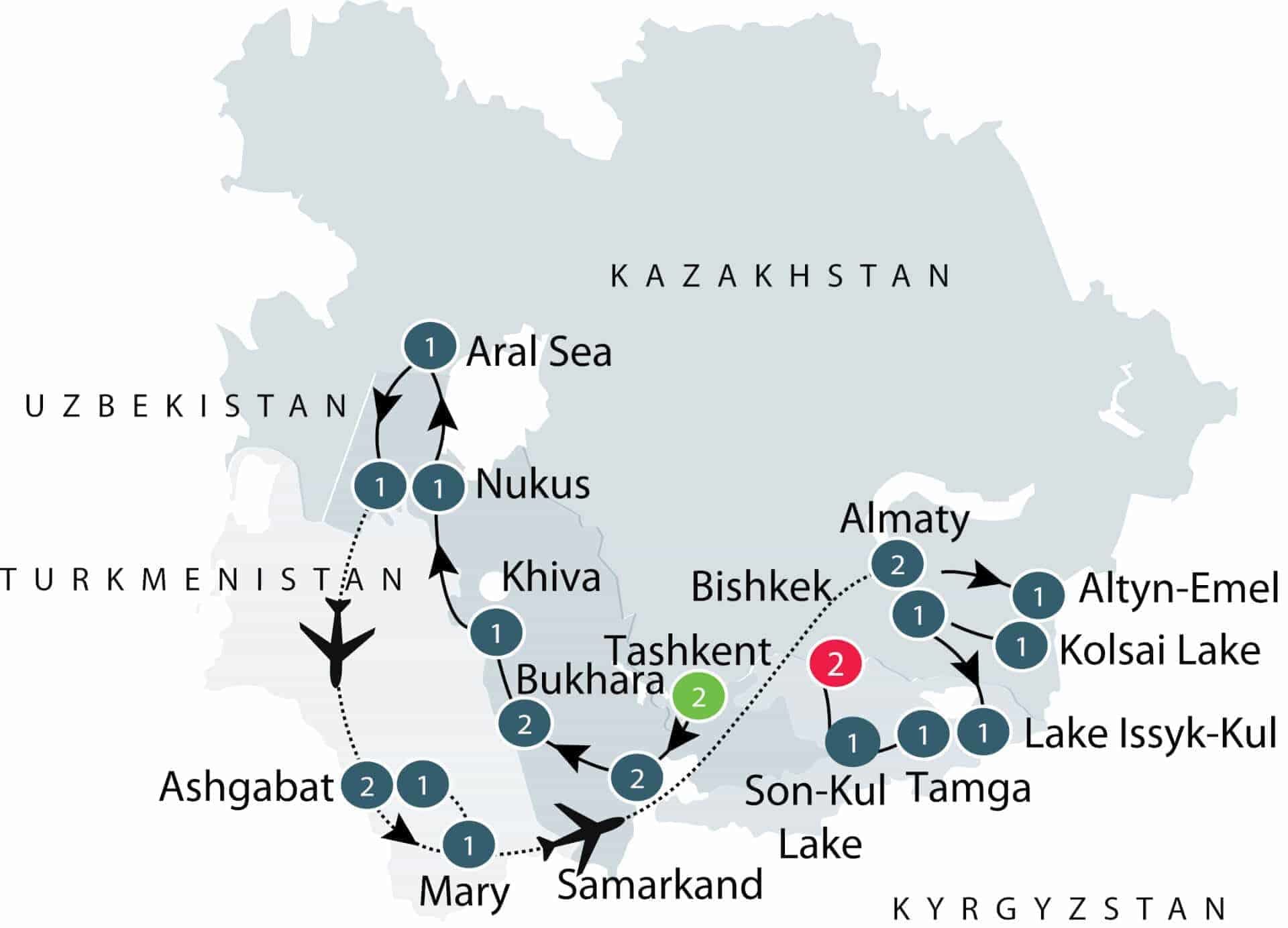 Map of Odyssey to the Stans, Turkmenistan, Uzbekistan, Kazakhstan, Kyrgyzstan