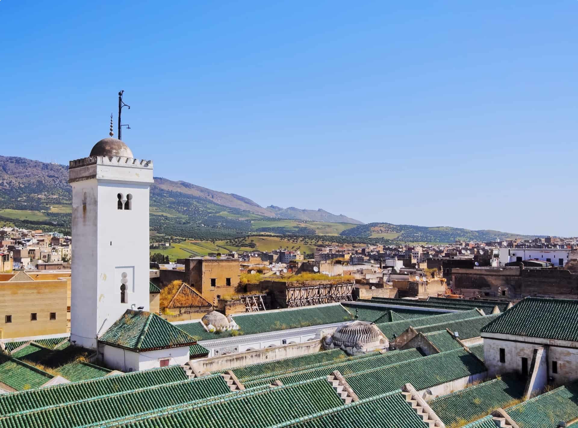 The eye-catching green roof of the Qarawiyyin Mosque in Fez