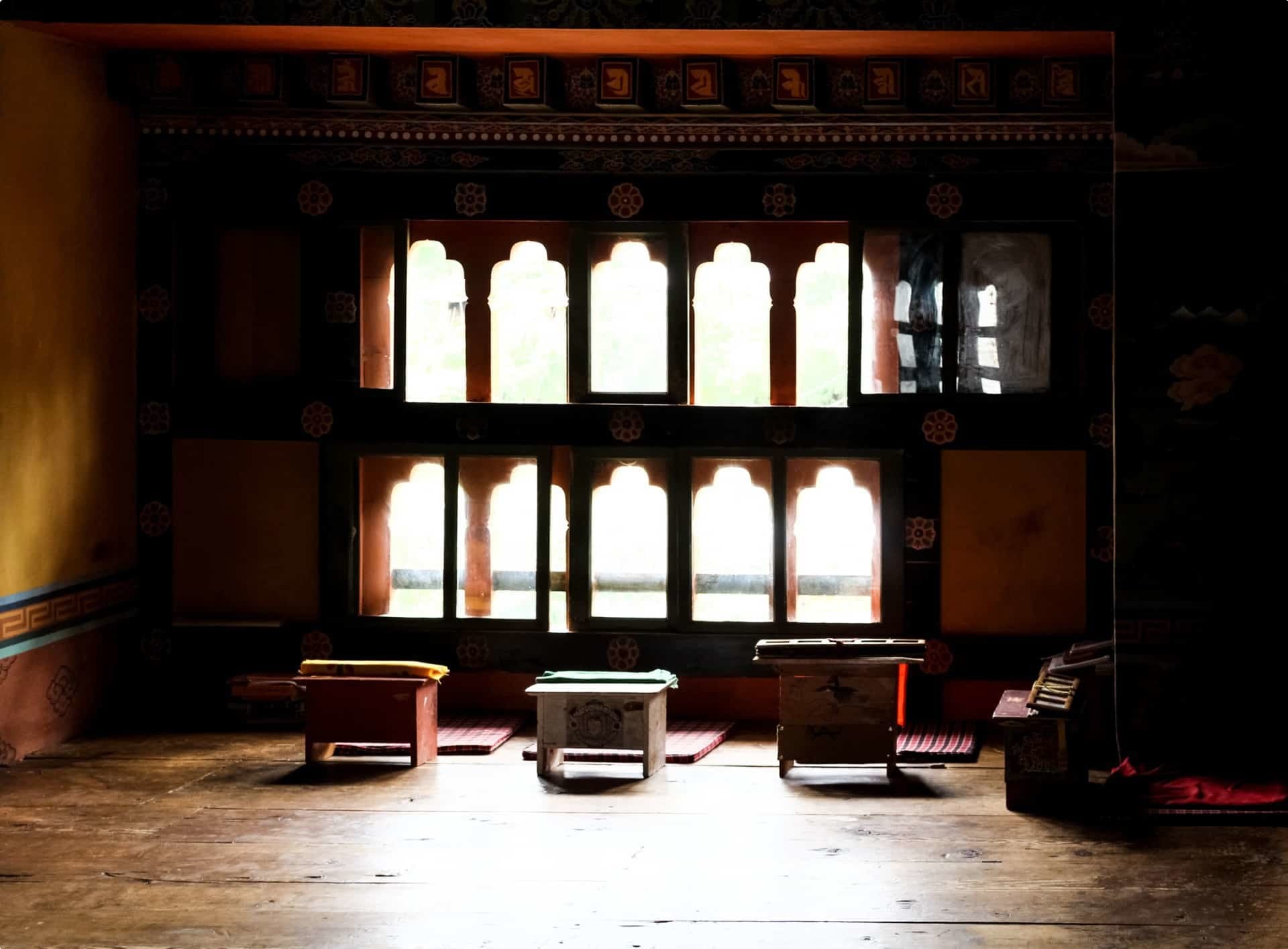 Room with Tibetan style desk in Chimi Lhakhang (Monastery of Fertility) in Bhutan