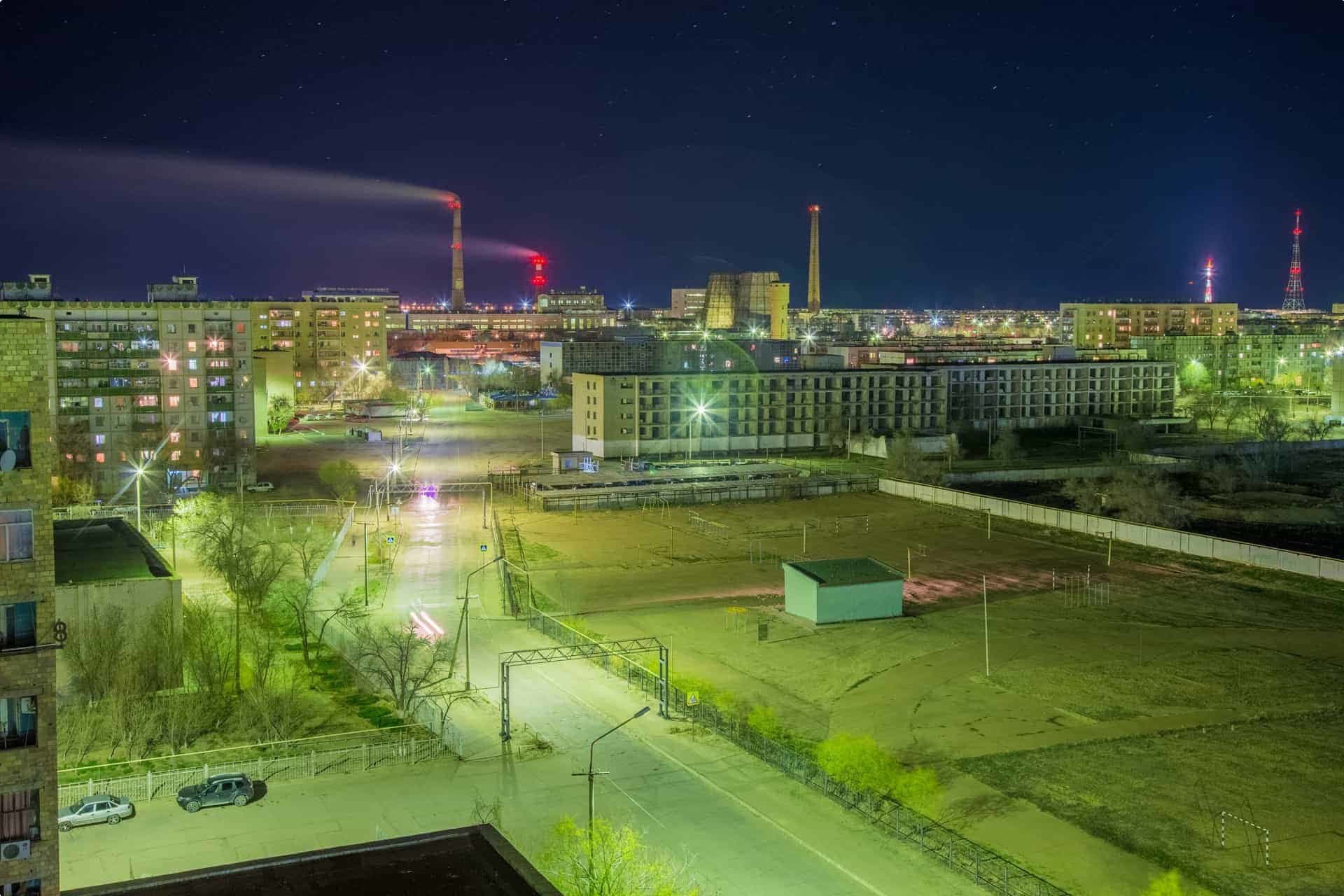 Aerial night cityscape of Baikonur, Kazakhstan