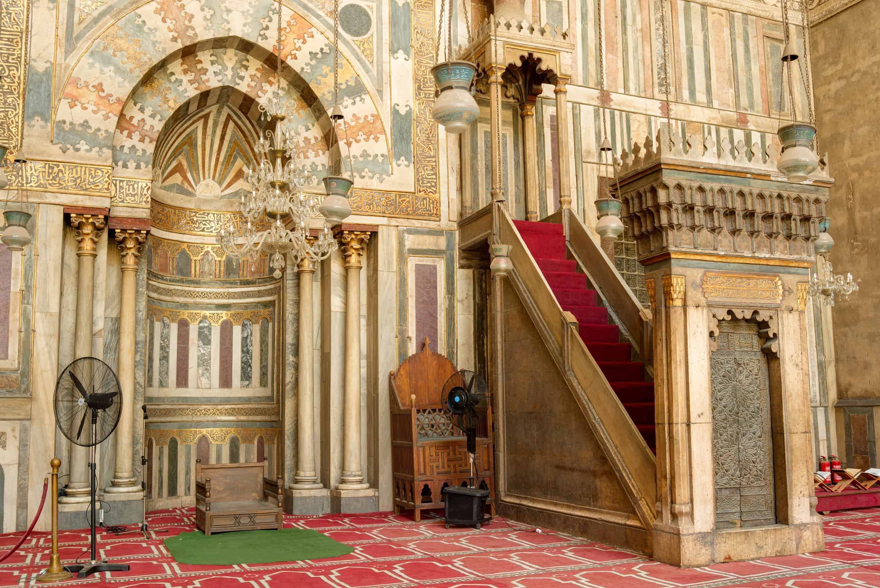 View of the mihrab and minbar of the Sultan Hasan Mosque in Cairo, Egypt.