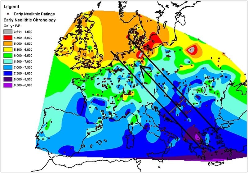 A map showing the chronology of arrival times of the Neolithic transition in Europe