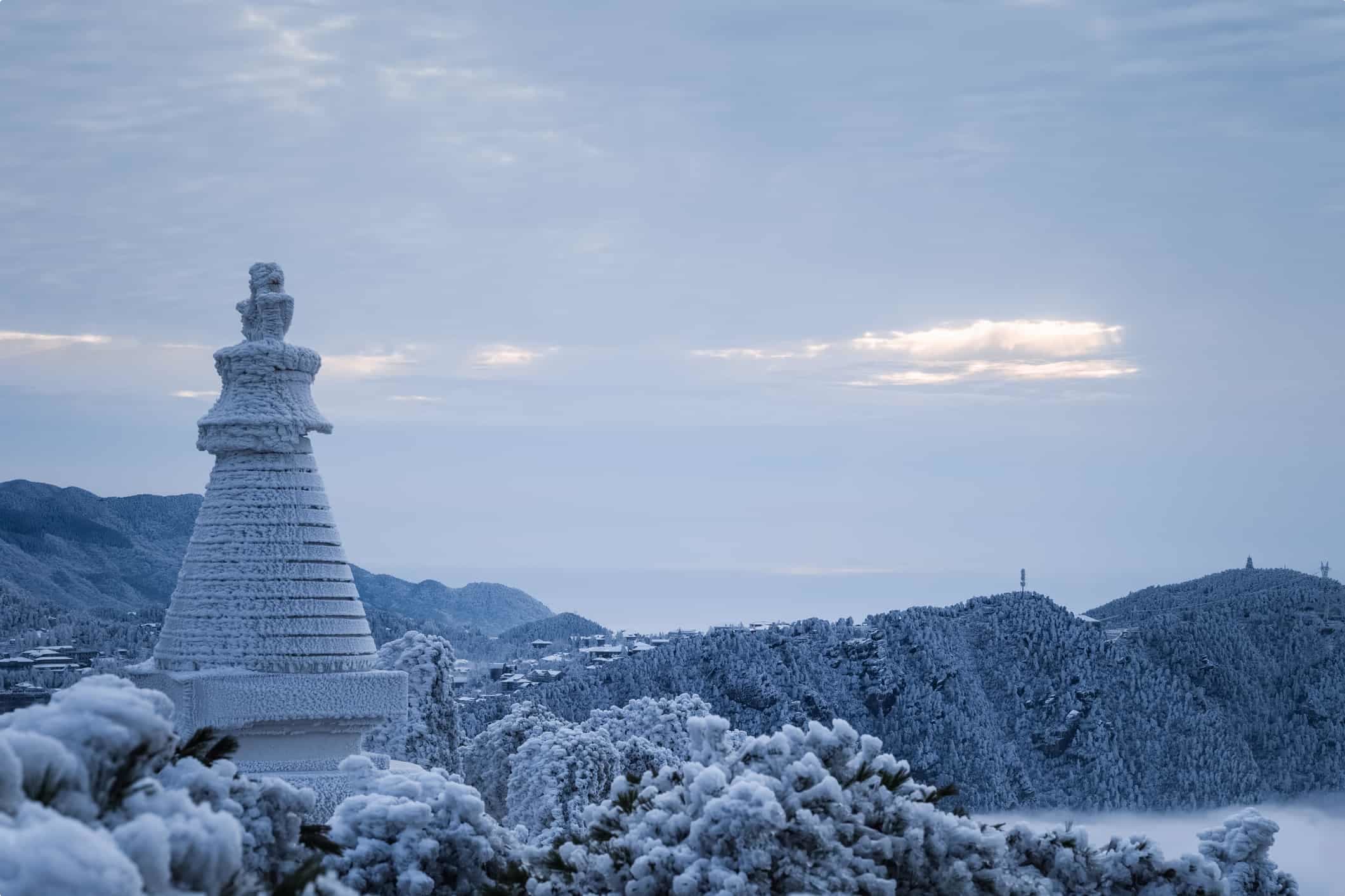 winter landscape in mount lushan, white pagoda is covered with frost