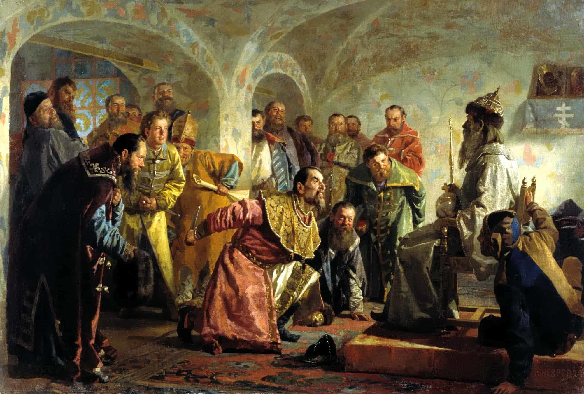 A depiction of Ivan the Terrible and the Oprichniki punishing someone