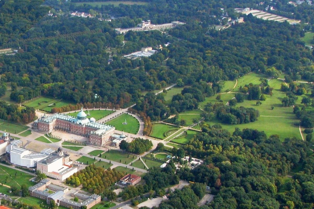 An aerial view of Sanssouci from which you can see Neues Palais