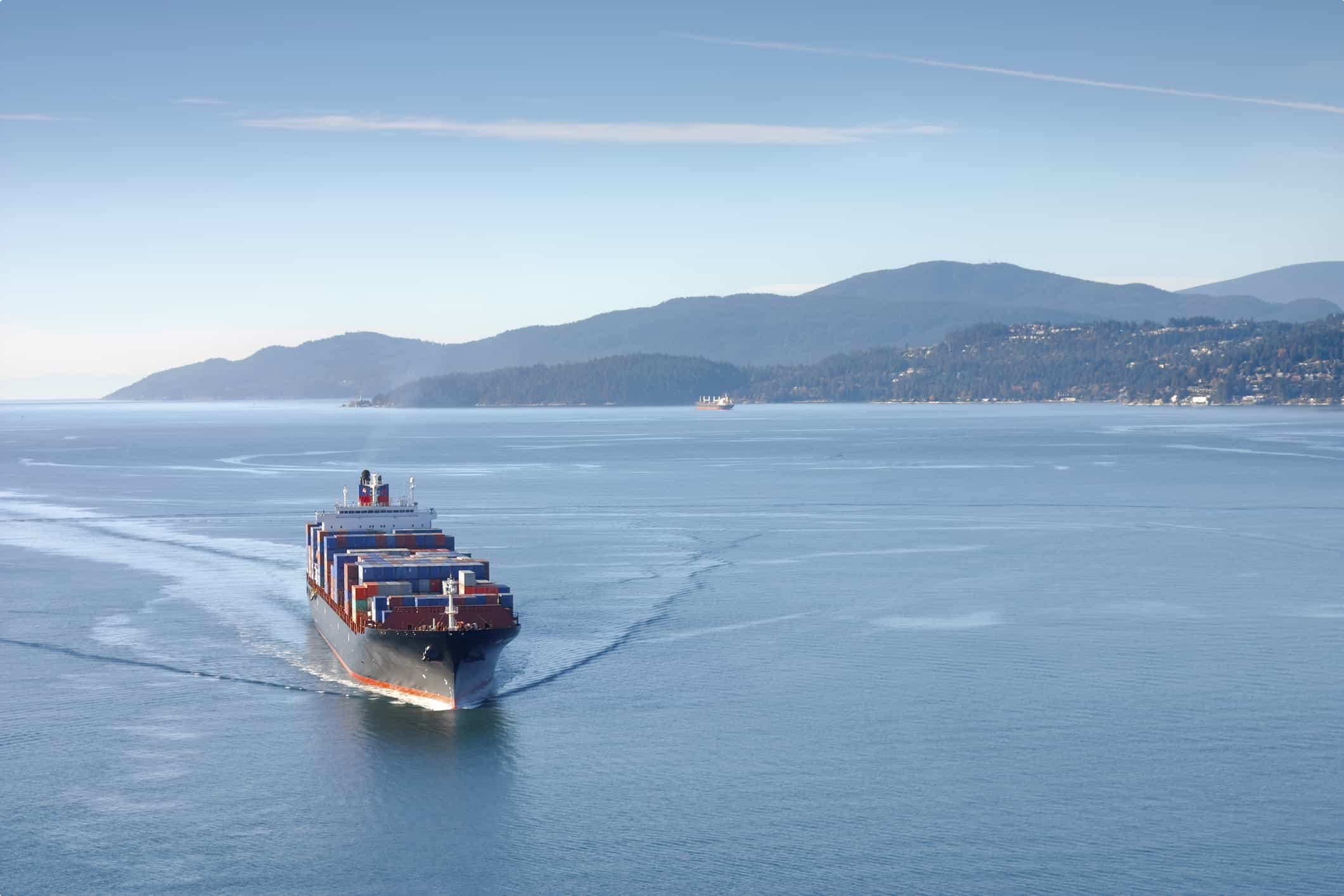 Aerial image of a cargo ship along the coast.