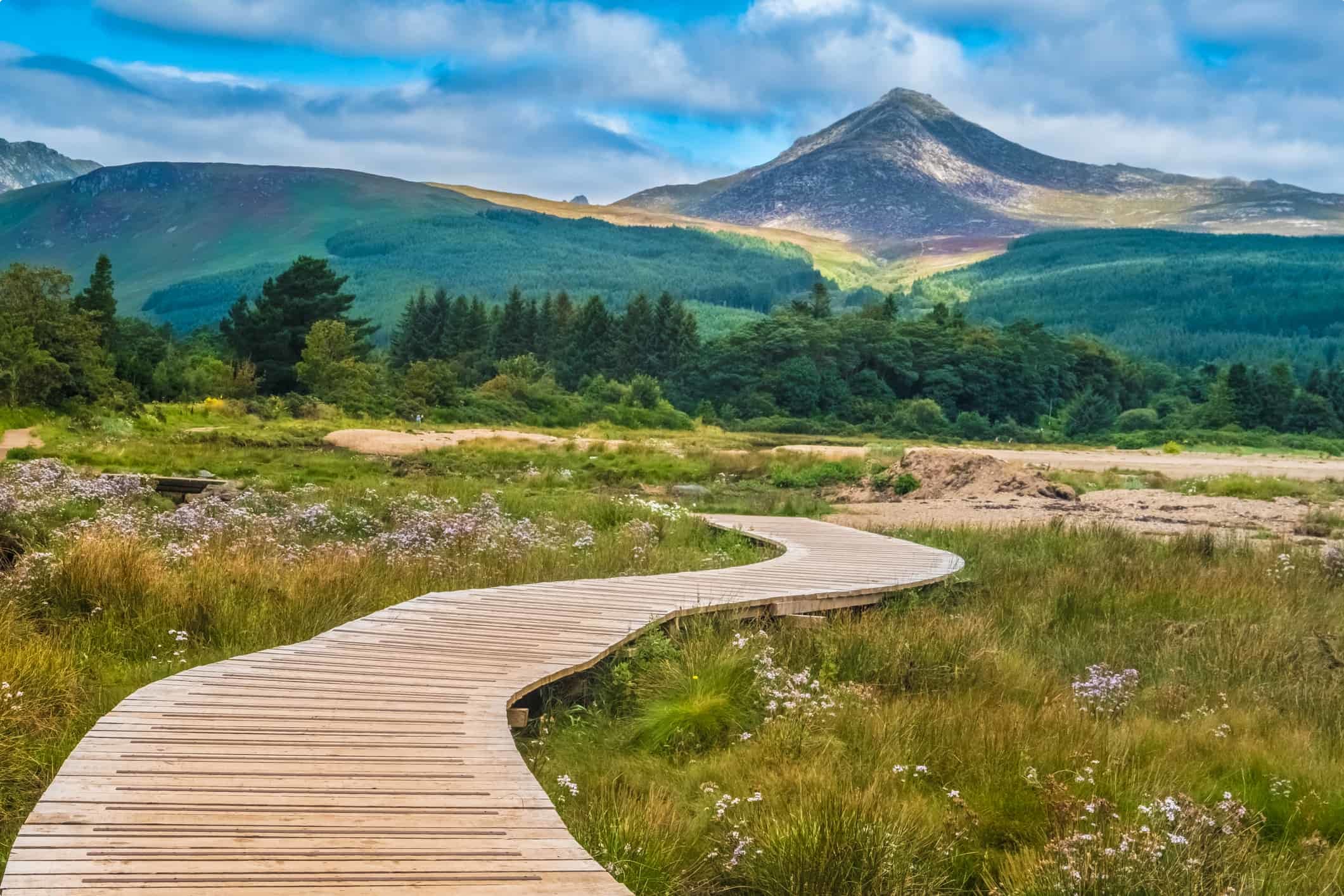 View of the Goat Fell Mountain, Brodick (Tràigh a' Chaisteil, “Castle Beach”, Breadhaig) the main town on the Isle of Arran in the Firth of Clyde, Scotland.