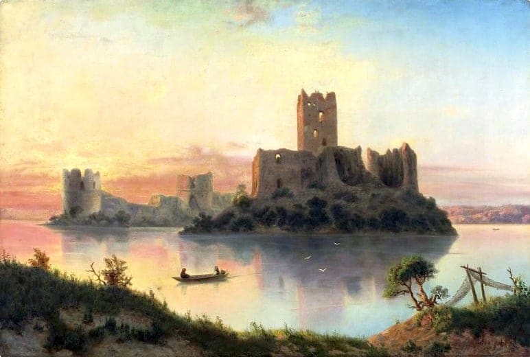 The ruins of the Trakai Castle at sunset., a painting from 1866 by Józef Marszewski