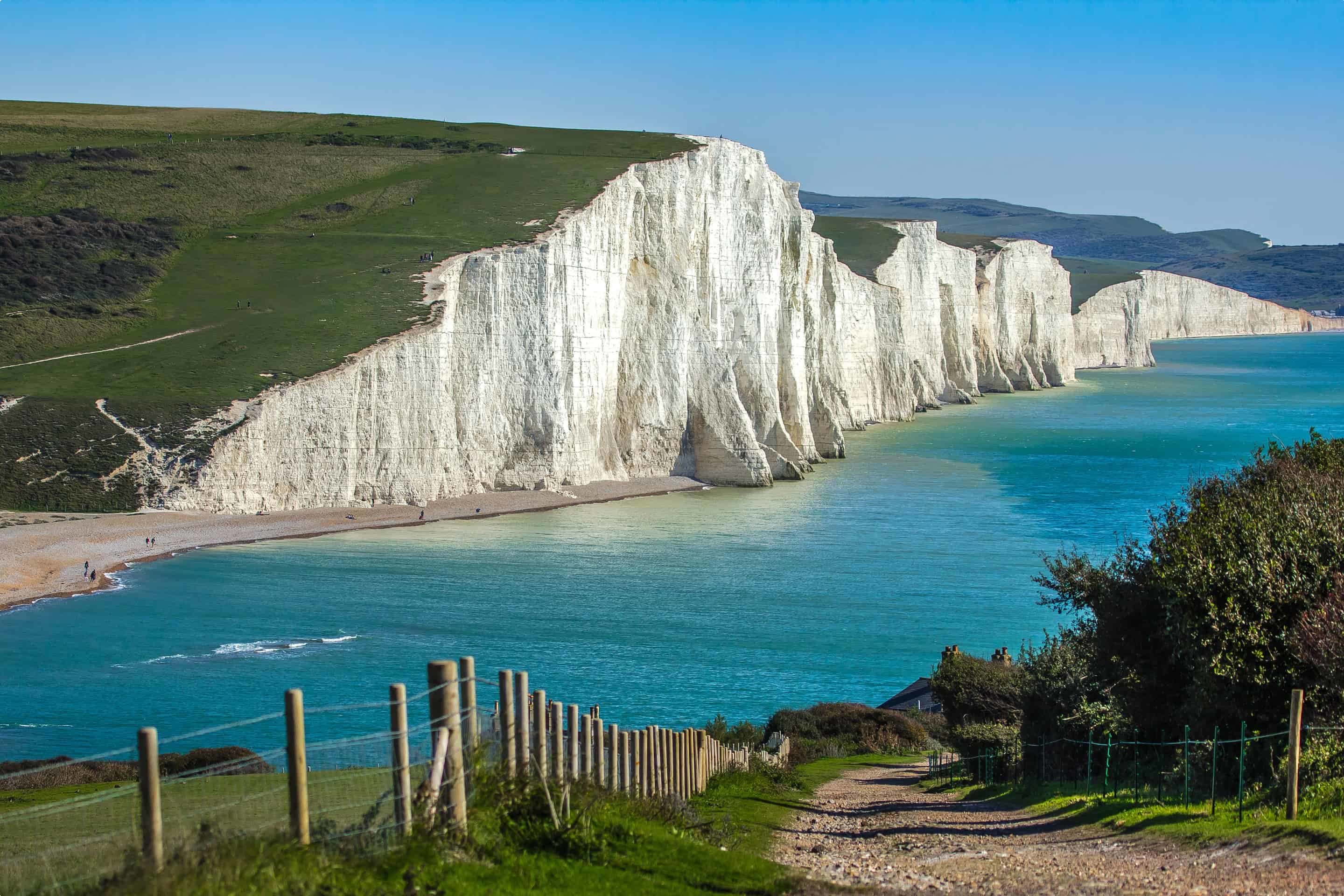 View of the Seven Sisters, a series of chalk cliffs by the English Channel, East Sussex, England