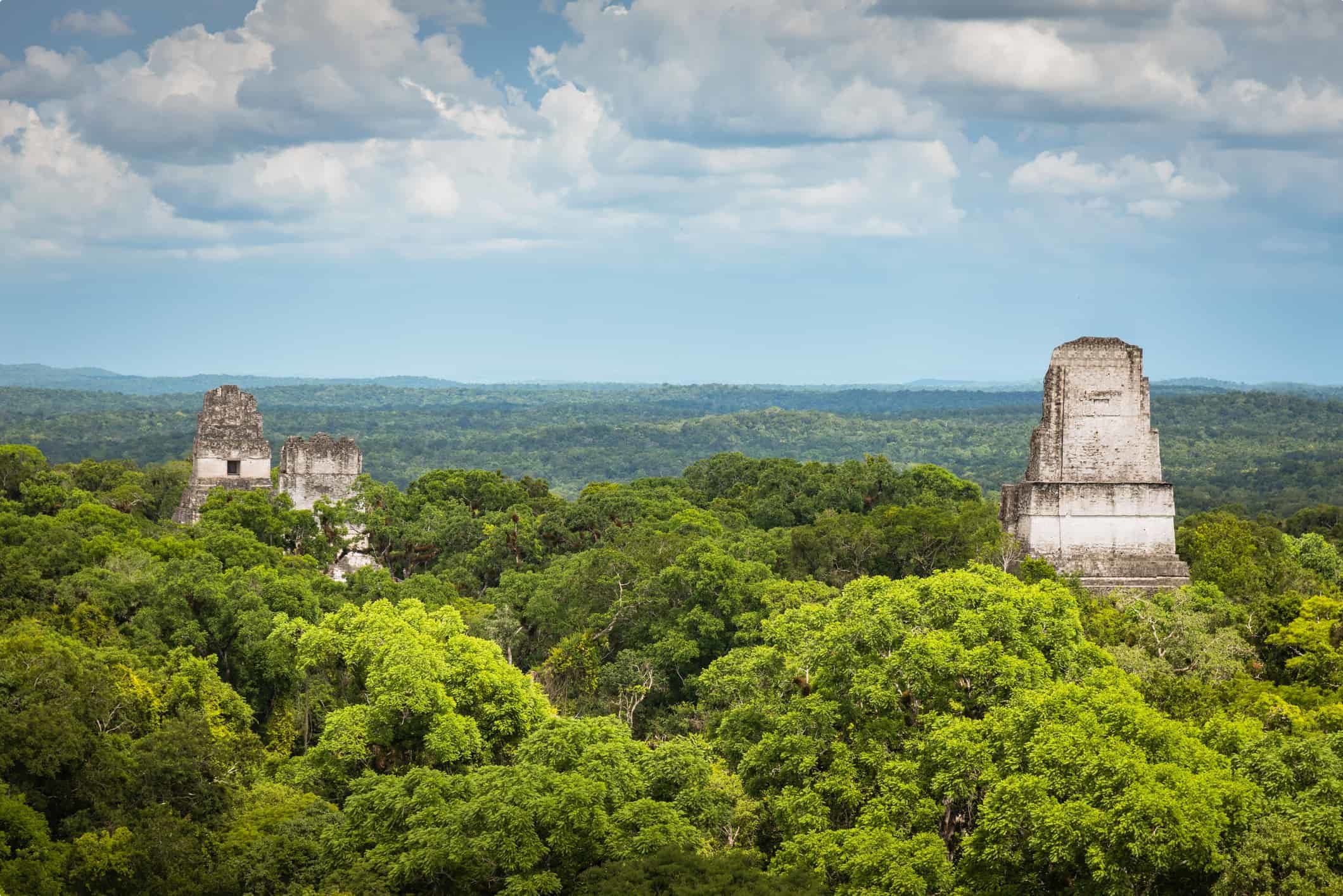 View of the Tikal temples rising above the forest canopy, Guatemala