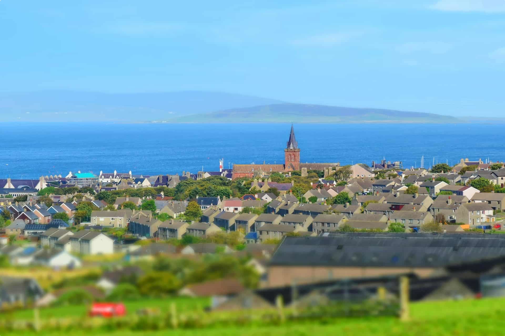 The town of Kirkwall, you can see St Magnus Cathedral in the distance