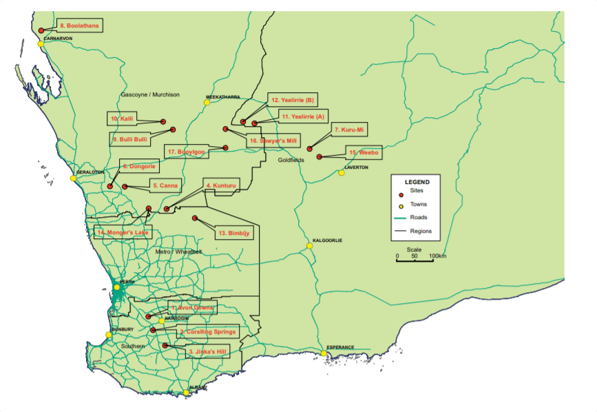 General location of sites in in the south west of Western Australia