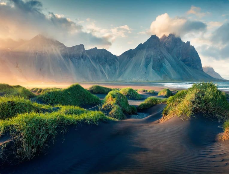 Black sand dunes on the Stokksnes headland on southeastern Icelandic coast