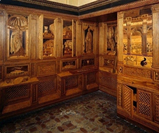 Federico’s studiolo in the palace at Urbino includes exceptional decorations