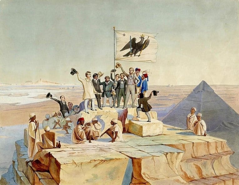 The Prussian expedition to Egypt under Lepsius celebrates the birthday of King Friedrich Wilhelm IV at the summit of the Pyramid of Cheops on October 15, 1842