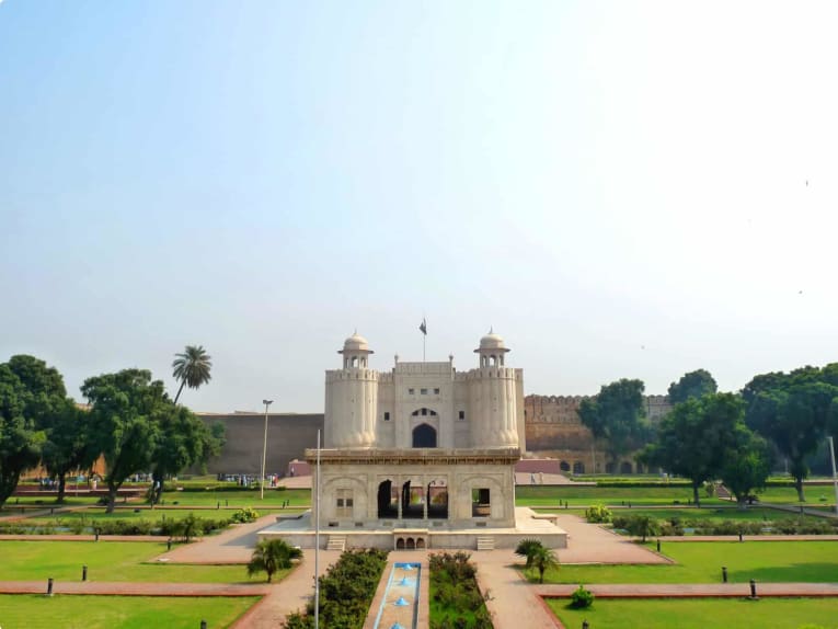 View of Lahore Fort and green fields