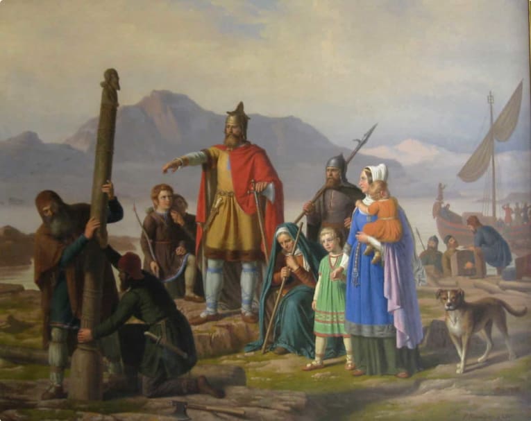 A depiction of Ingolfr arriving in Iceland with his pillars of wood