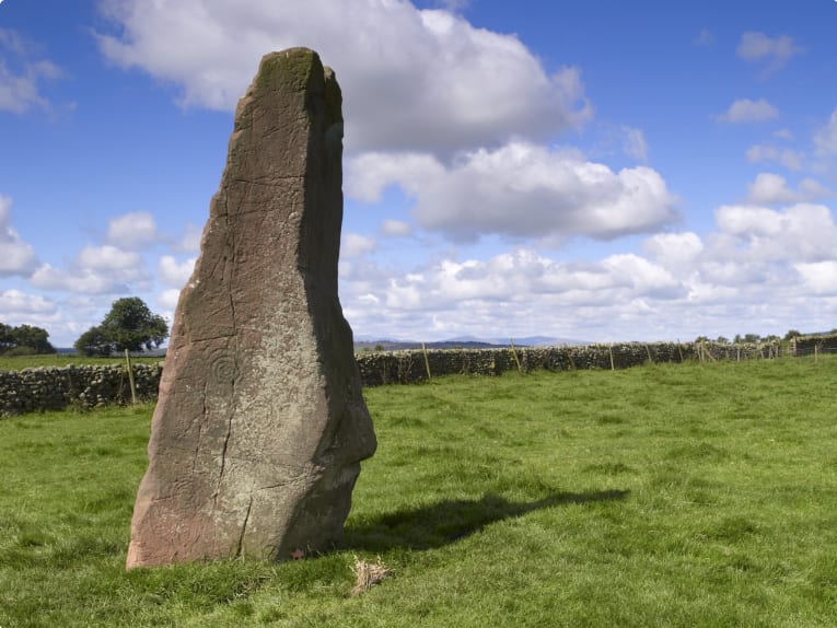 Long Meg is the matriarch of the 'Long Meg & her Daughters' stone circle in Cumbria, England. Here, she is viewed from inside the circle with a druid sacrifice at her foot (feet!) The poet William Wordsworthg was inspired to write 'next to Stonehenge it is beyond dispute the most notable relick (sic) that this or probably any other country contains.' Local legend claims that Long Meg was a witch who with her daughters, was turned to stone for profaning the Sabbath, as they danced wildly on the moor. The circle is supposedly endowed with magic, so that it is impossible to count the same number of stones twice, but if you do then the magic is broken.